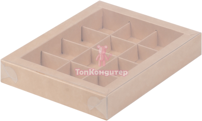 Коробка на 12 конфет 19 см*15 см*3 см с пластиковой крышкой крафт