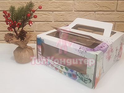 Коробка для торта 22 см*21,5 см*12 см с печатью и ручкой
