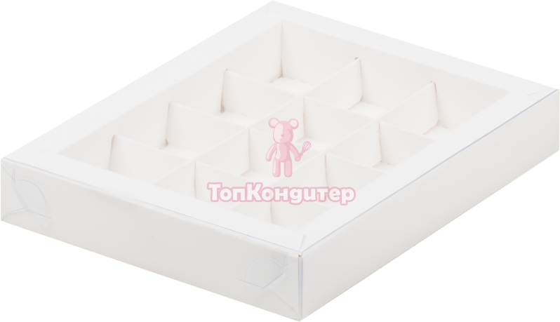 Коробка на 12 конфет 19 см*15 см*3 см  с пластиковой крышкой белая